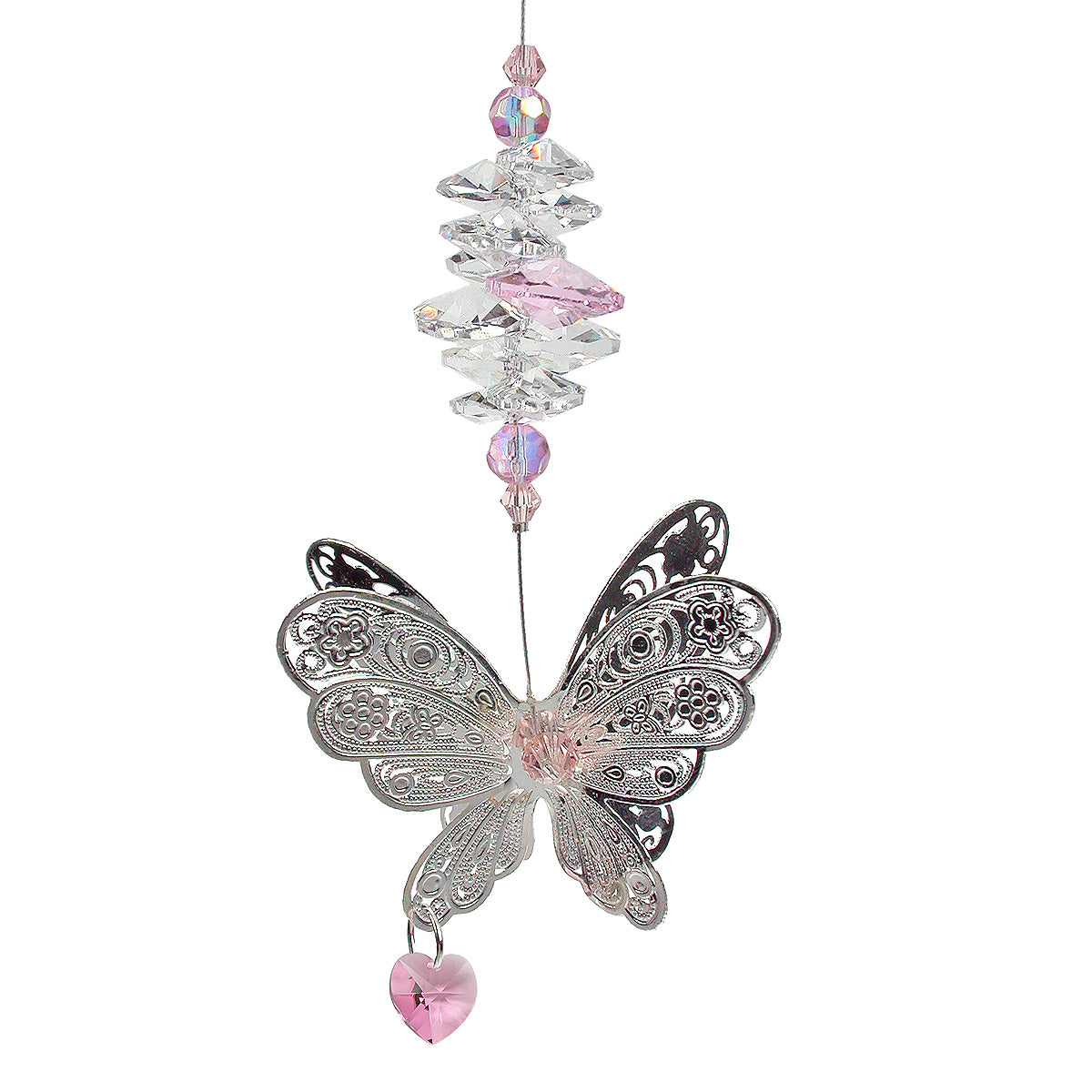 Filigree butterfly suncatcher with pink crystals