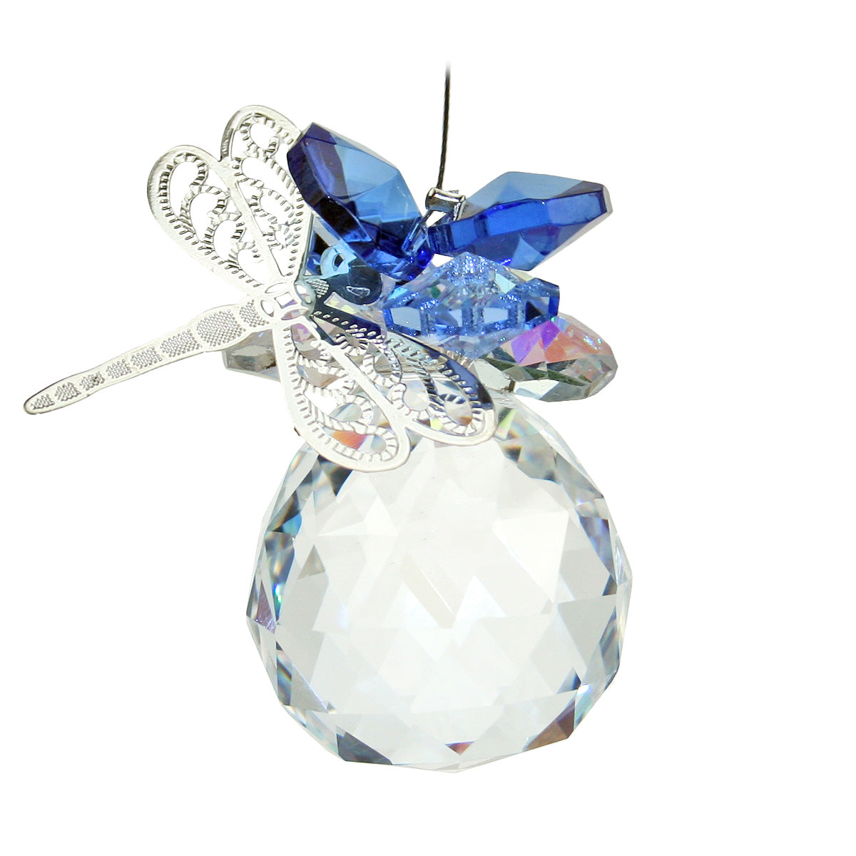 Filigree dragonfly crystal blue sapphire cluster suncatcher on sphere