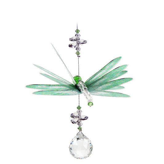 Green dragonfly crystal suncatcher with sphere drop