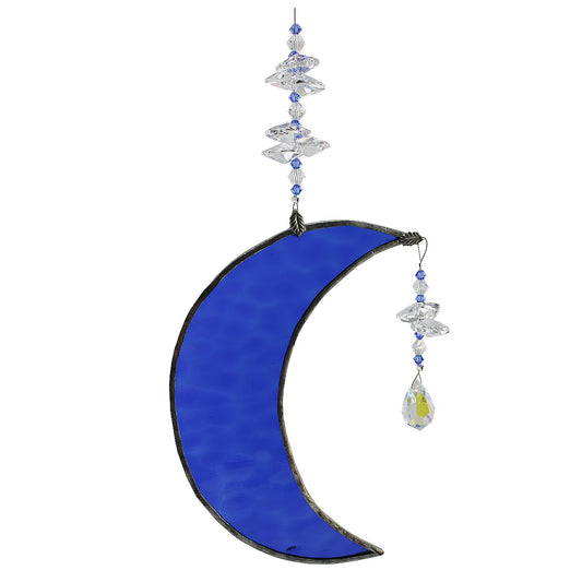 Blue moon-shaped leadlight piece with crystals suncatcher