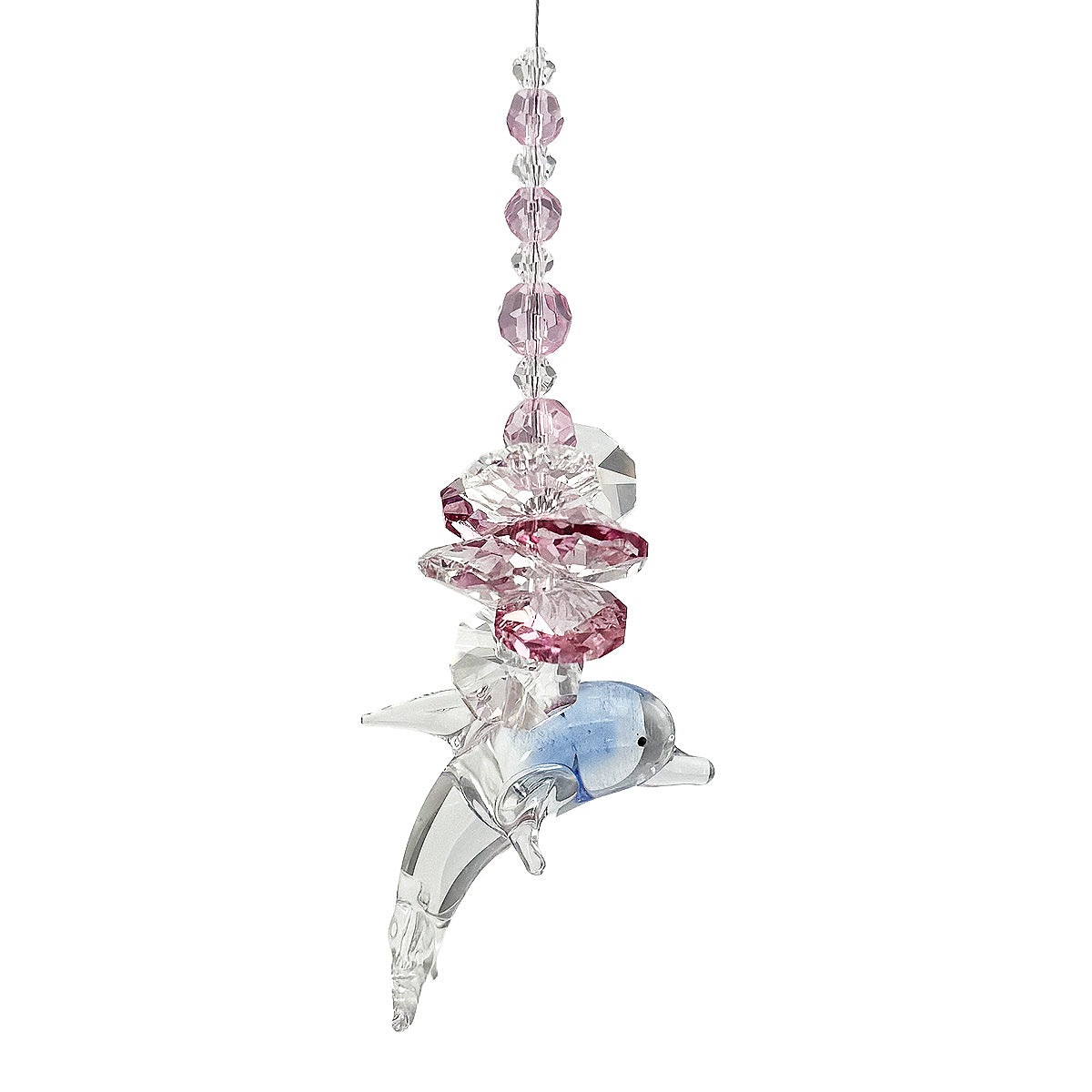 Pink beaded crystal cluster suncatcher with clear crystal glass dolphin