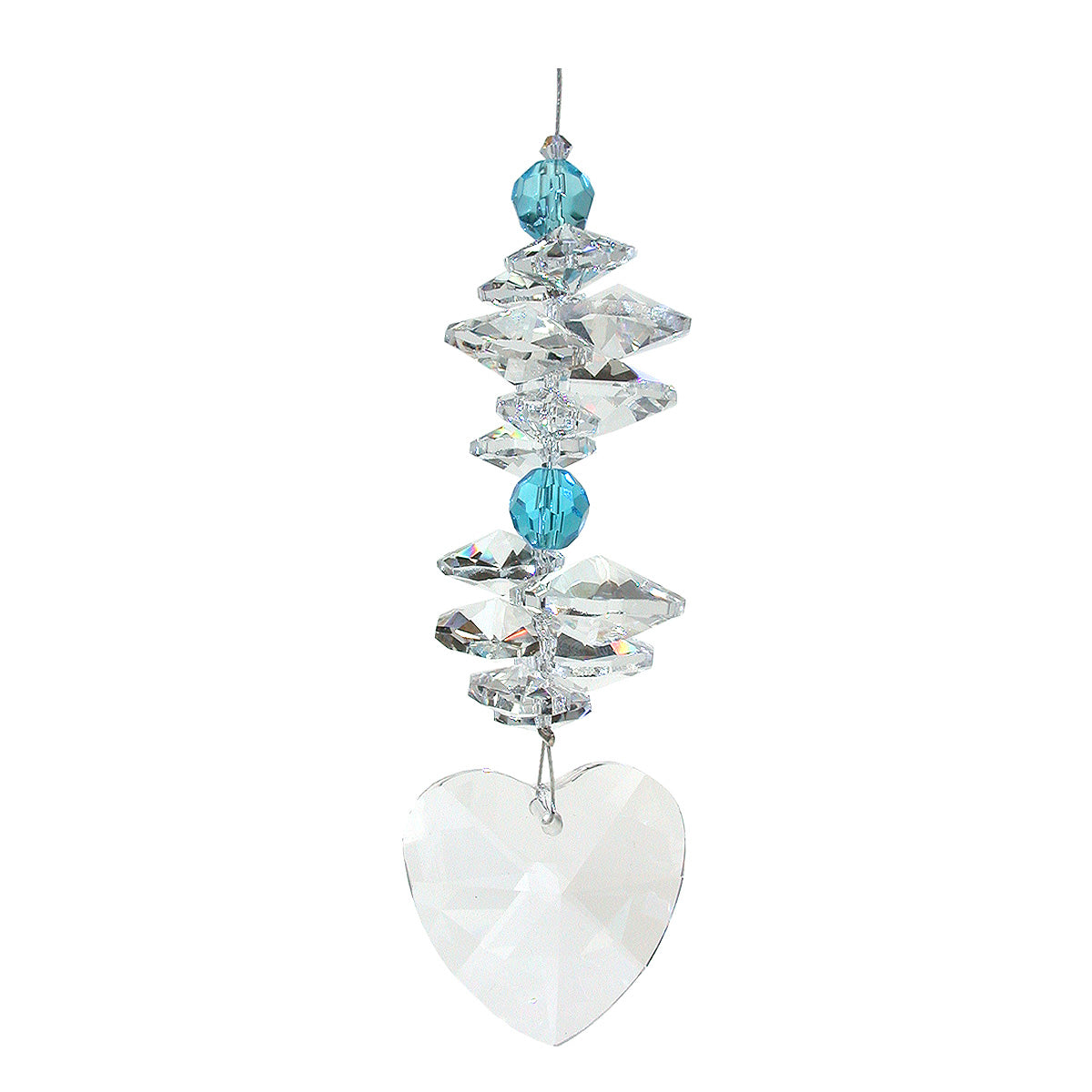Crystal heart suncatcher with blue beads and clear octagons