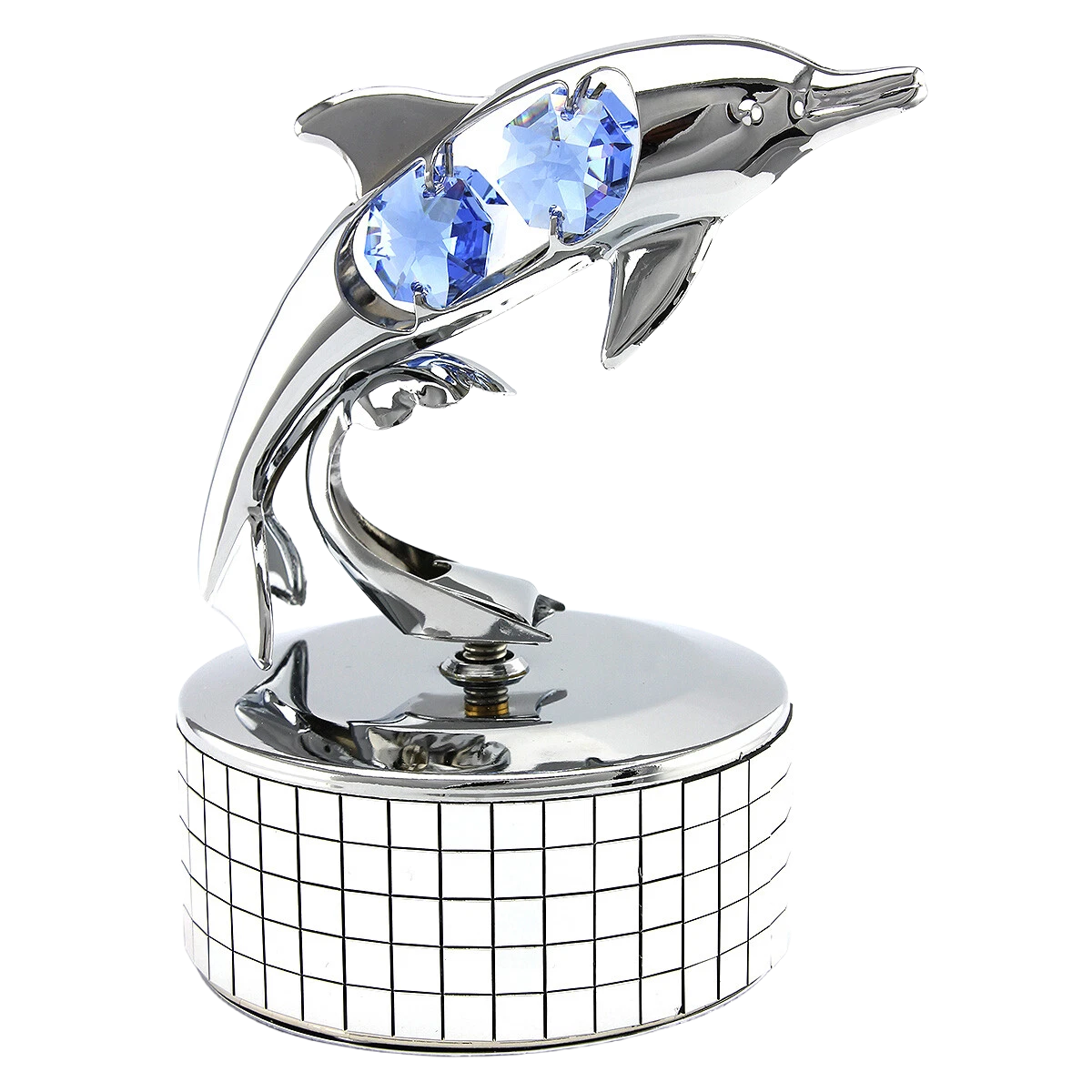 Decorative sculpture of a dolphin with blue gemstones on a white background