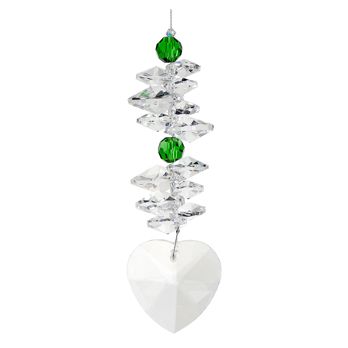 Crystal heart suncatcher with green beads and clear octagons