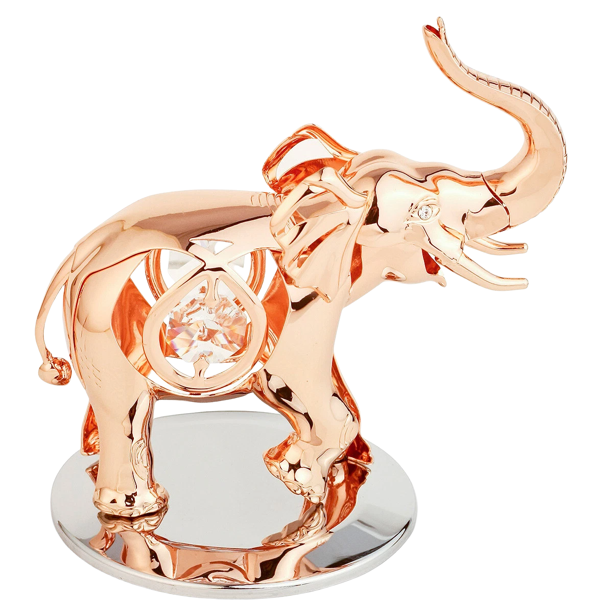 Rose gold elephant figurine with a clear gemstone on a white background