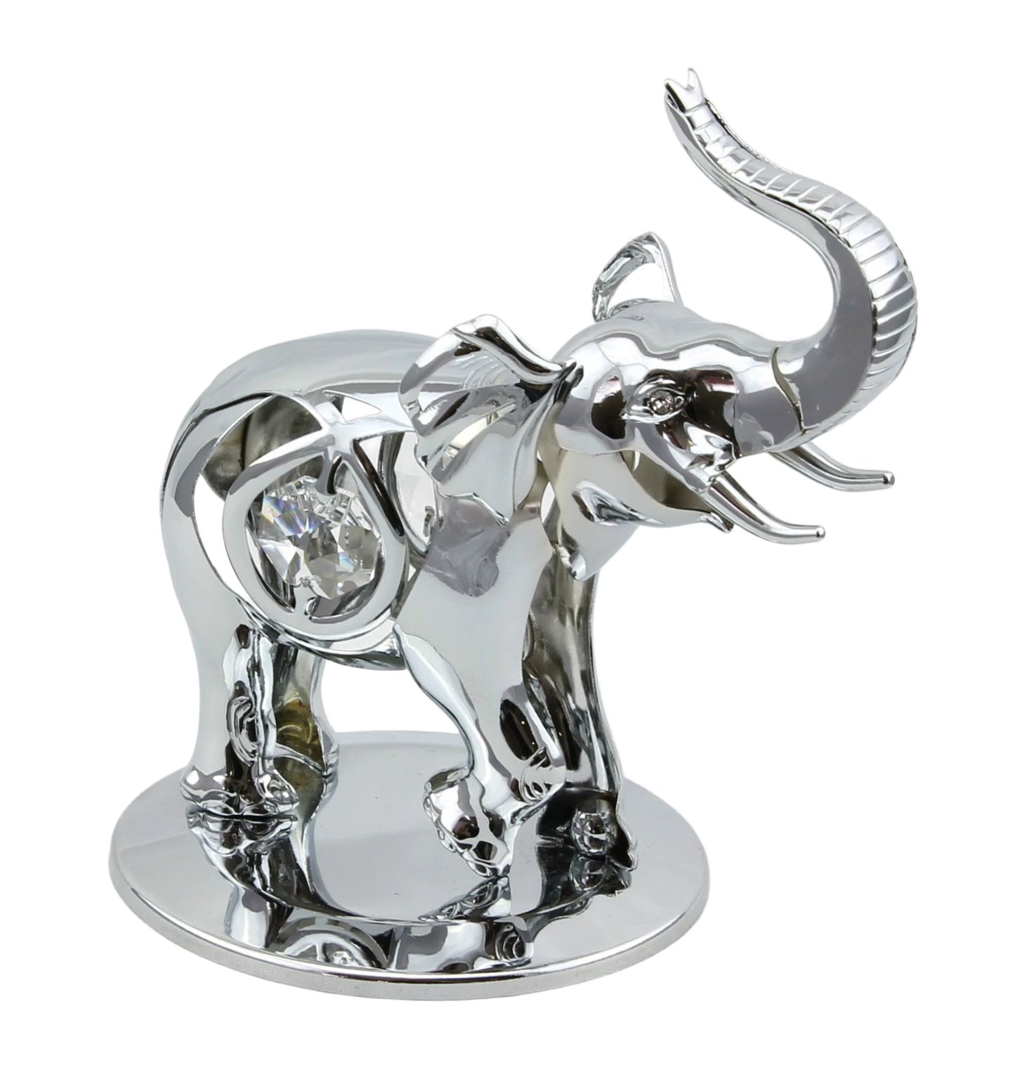 Silver elephant figurine with crystal accents on a white background