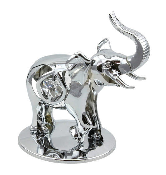 Silver elephant figurine with crystal accents on a white background