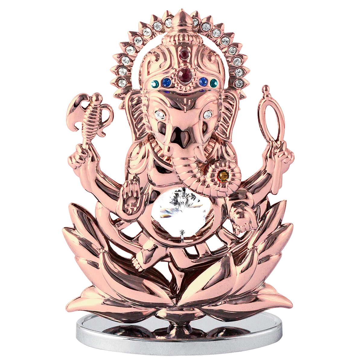 Rose gold deity figurine with crystals on a white background