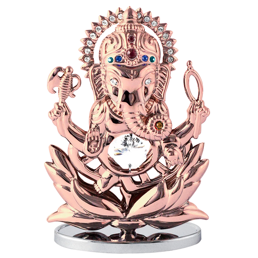 Rose gold deity figurine with crystals on a white background