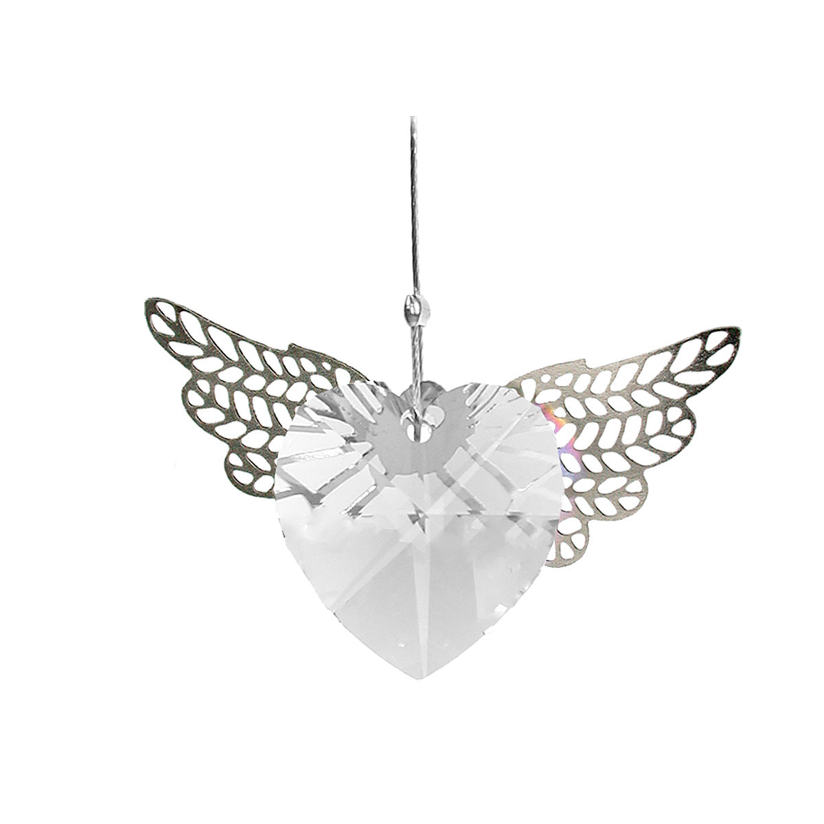 Clear heart-shaped crystal suncatcher with filigree wings