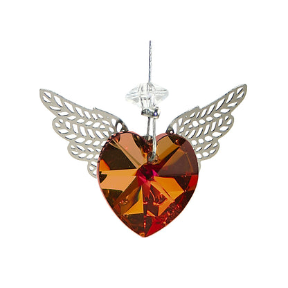 Copper orange AB heart-shaped crystal suncatcher with filigree wings