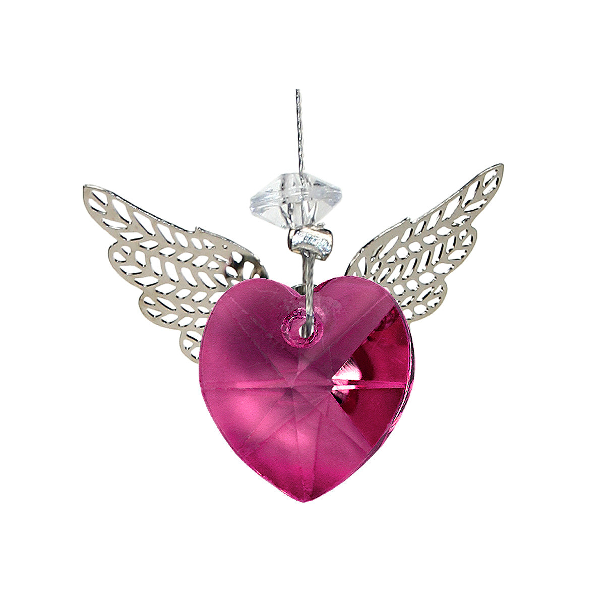 Pink heart-shaped crystal suncatcher with filigree wings