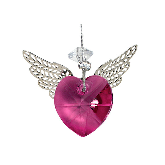 Pink heart-shaped crystal suncatcher with filigree wings