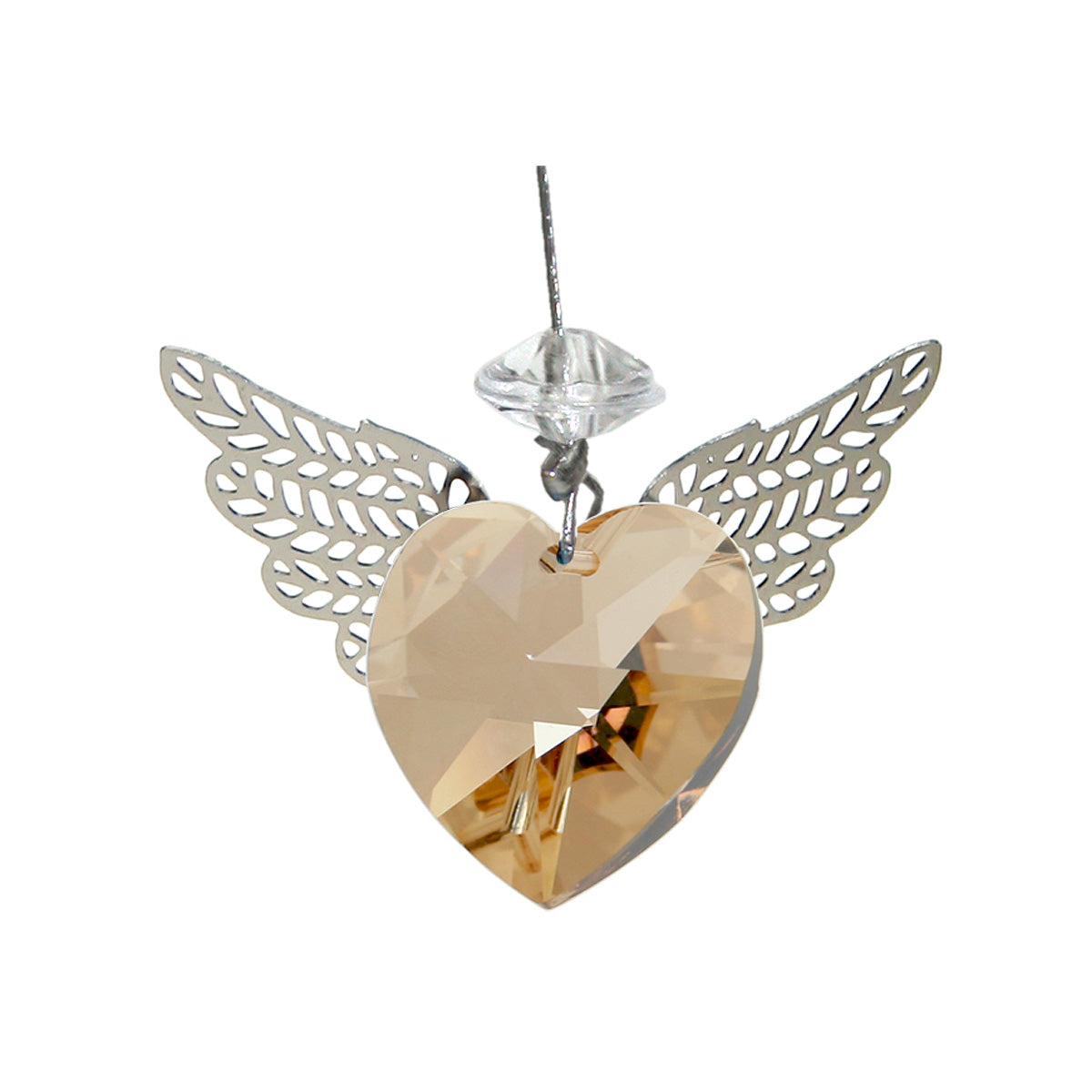 Gold heart-shaped crystal suncatcher with filigree wings