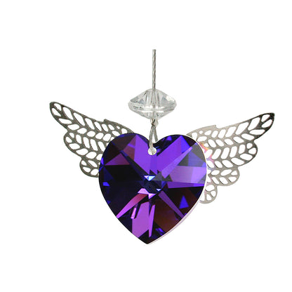 Purple heart-shaped crystal suncatcher with filigree wings