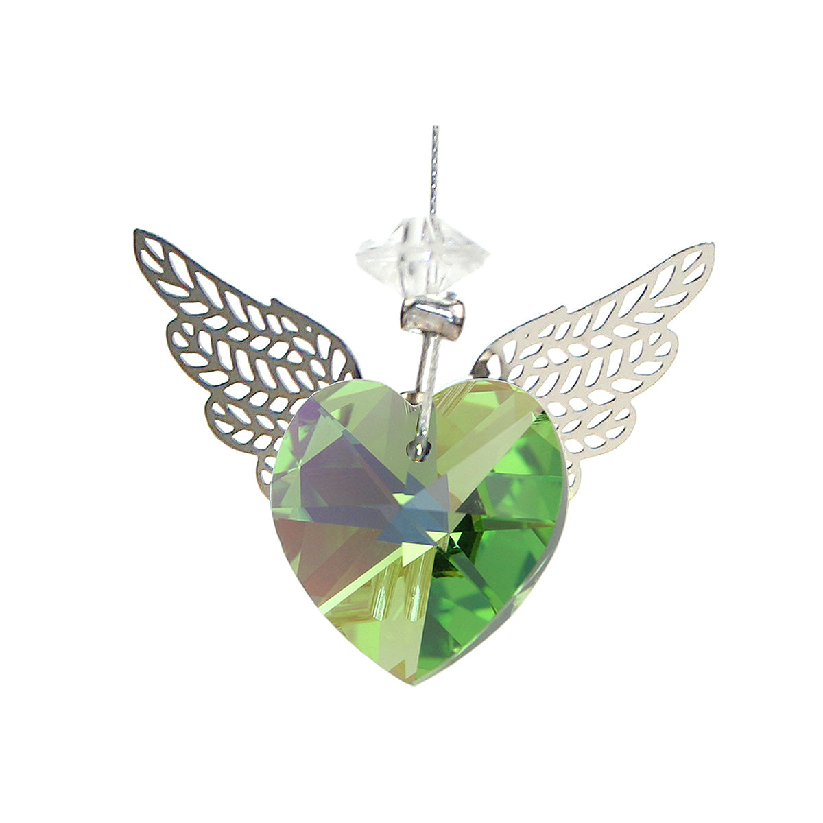 Peridot AB heart-shaped crystal suncatcher with filigree wings