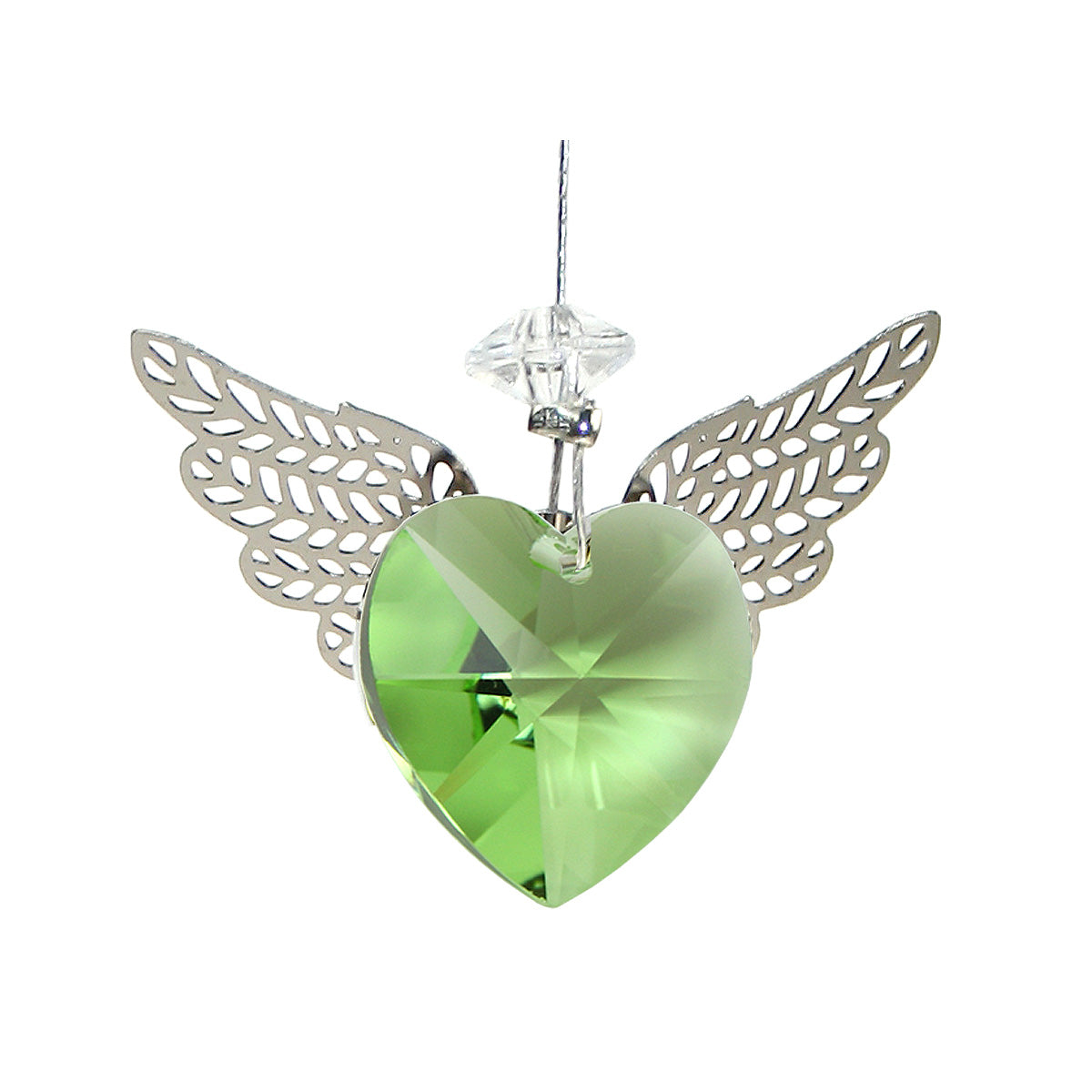 Peridot heart-shaped crystal suncatcher with filigree wings