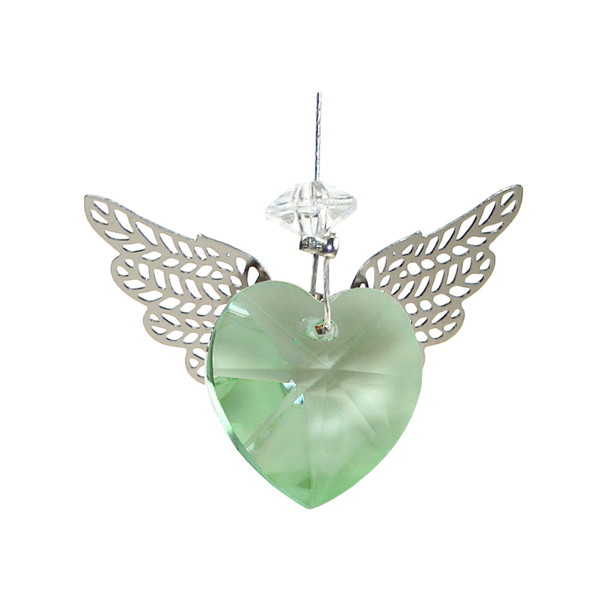 Green heart-shaped crystal suncatcher with filigree wings