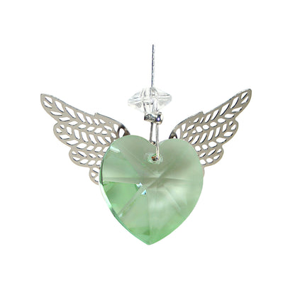 Green heart-shaped crystal suncatcher with filigree wings