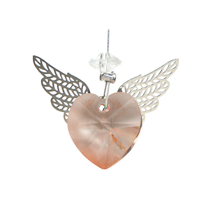 Peach heart-shaped crystal suncatcher with filigree wings
