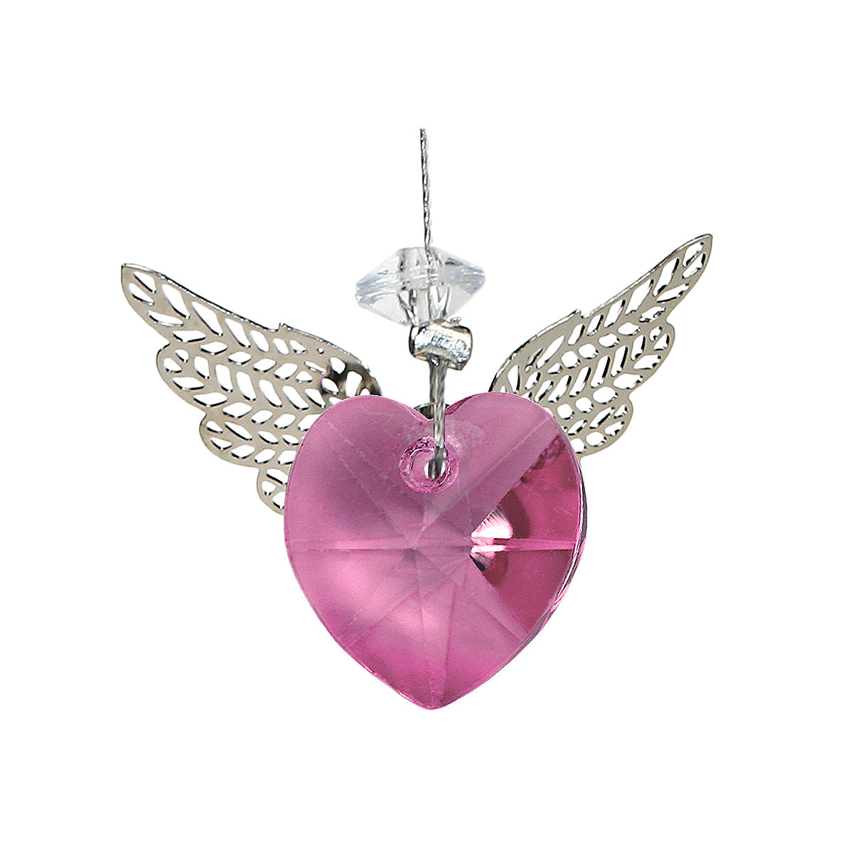 Pink heart-shaped crystal suncatcher with filigree wings