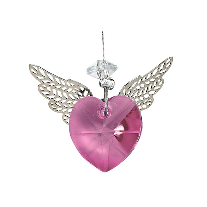 Pink heart-shaped crystal suncatcher with filigree wings
