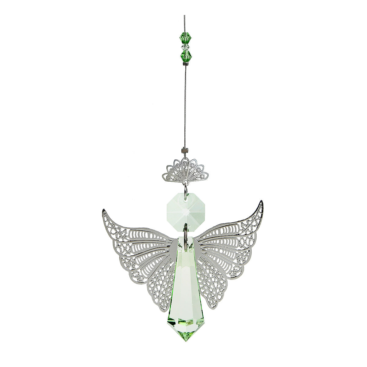 Green angel with filigree wings and halo and crystal accents
