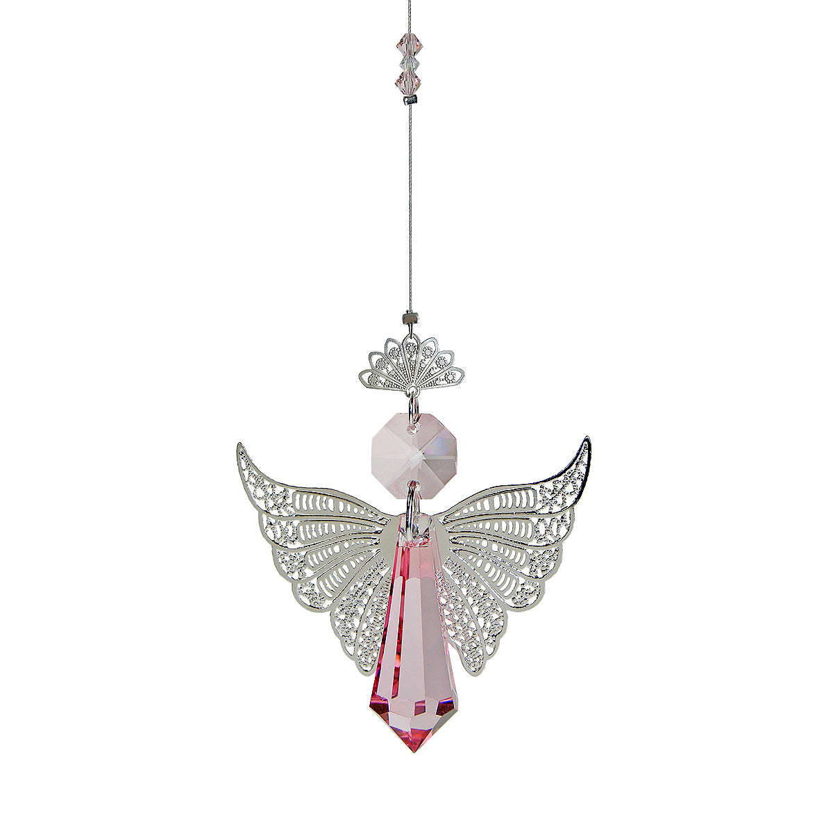 Pink angel with filigree wings and crystal accents