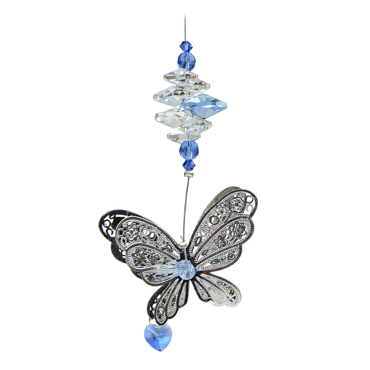 Filigree butterfly suncatcher with blue crystals