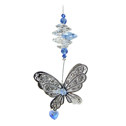 Filigree butterfly suncatcher with blue crystals