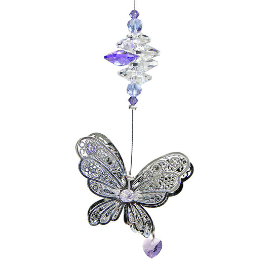 Filigree butterfly suncatcher with purple crystals