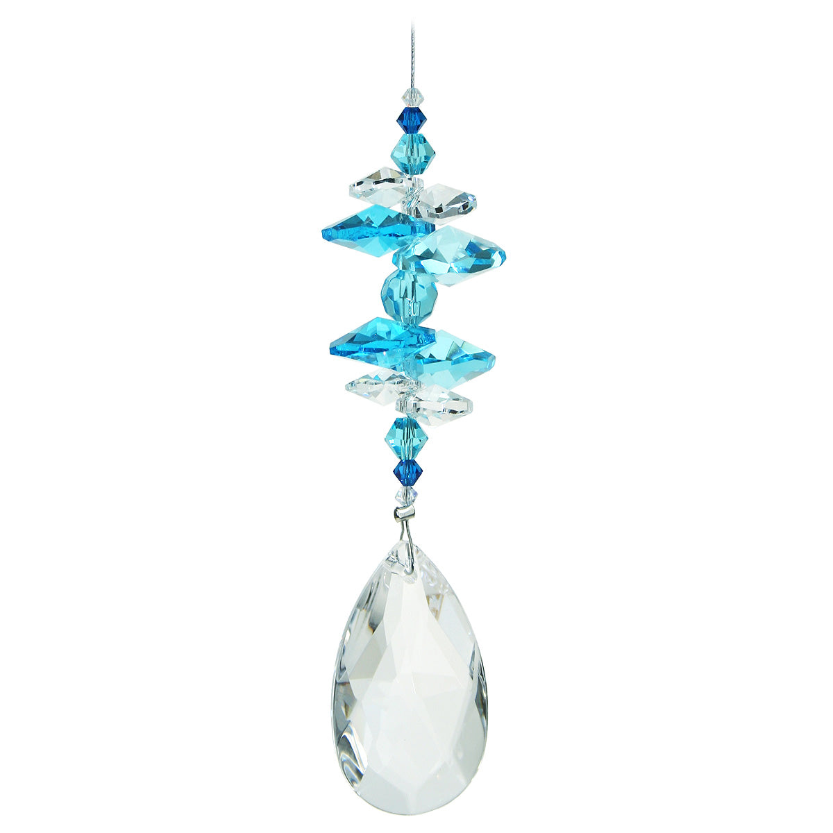 Crystal suncatcher with blue and clear beads and crystals on an almond drop