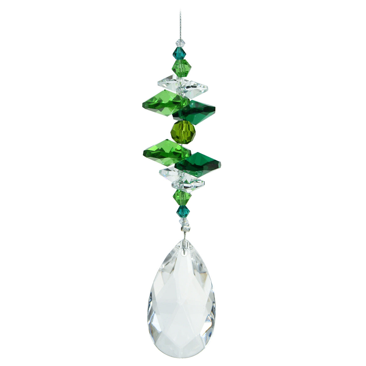 Crystal suncatcher with green and clear beads and crystals on an almond drop