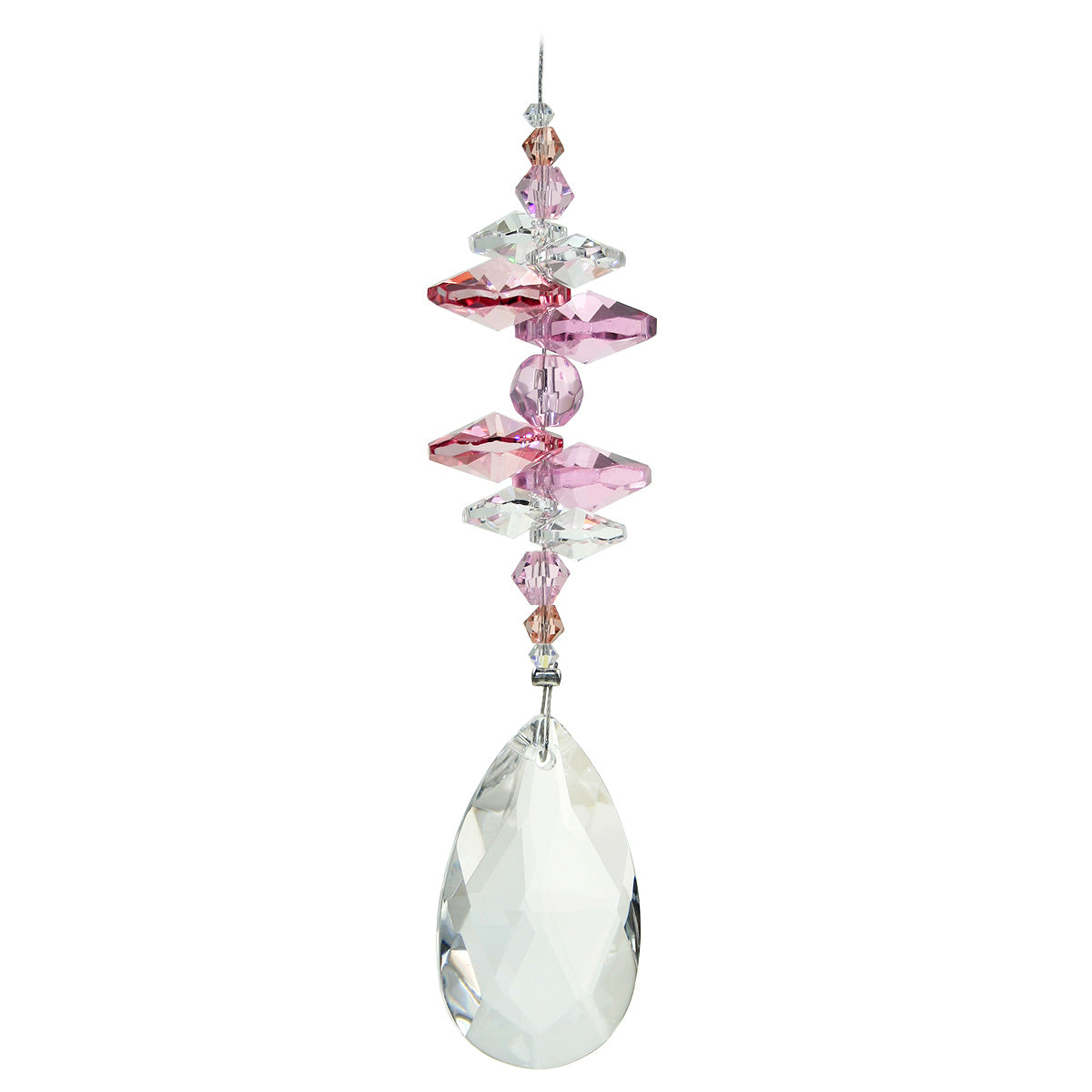 Crystal suncatcher with pink and clear beads on an almond drop