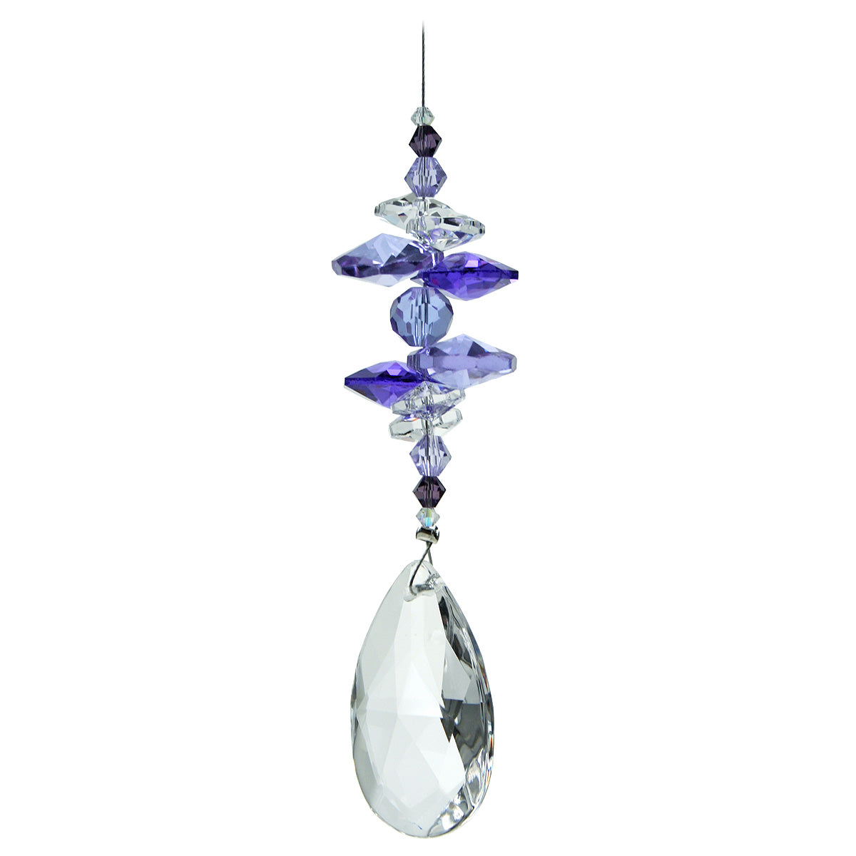 Crystal suncatcher with purple beads and crystals on an almond drop