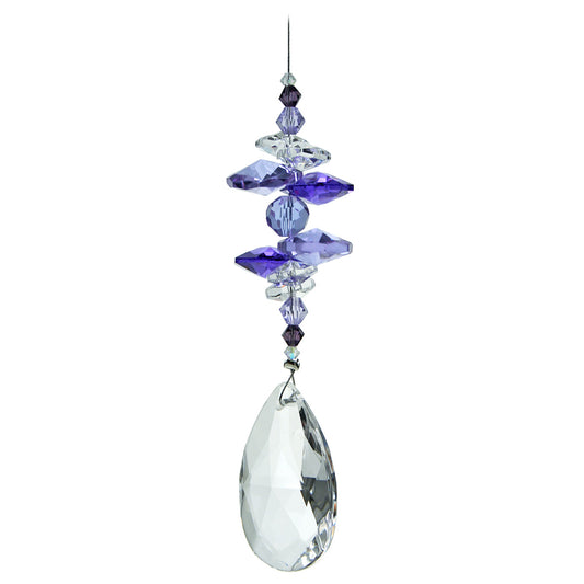 Crystal suncatcher with purple beads and crystals on an almond drop