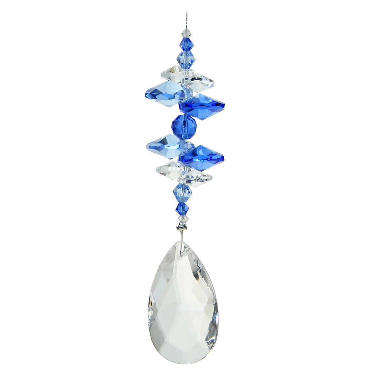 Crystal suncatcher with sapphire blue and clear beads and crystals on an almond drop