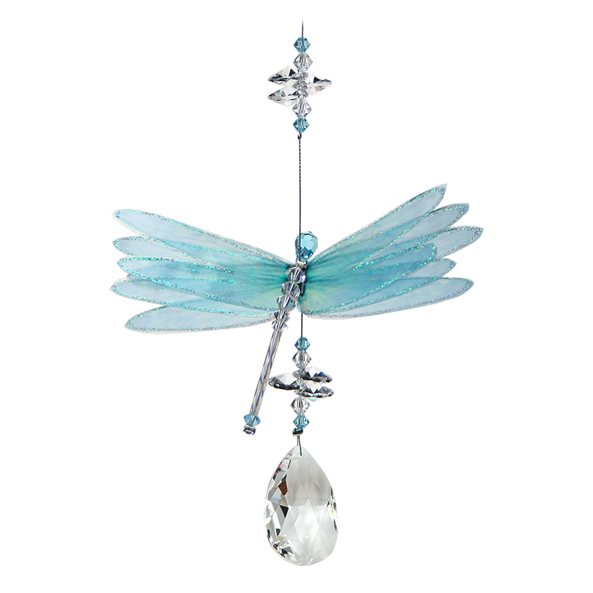 Blue dragonfly crystal suncatcher with almond drop