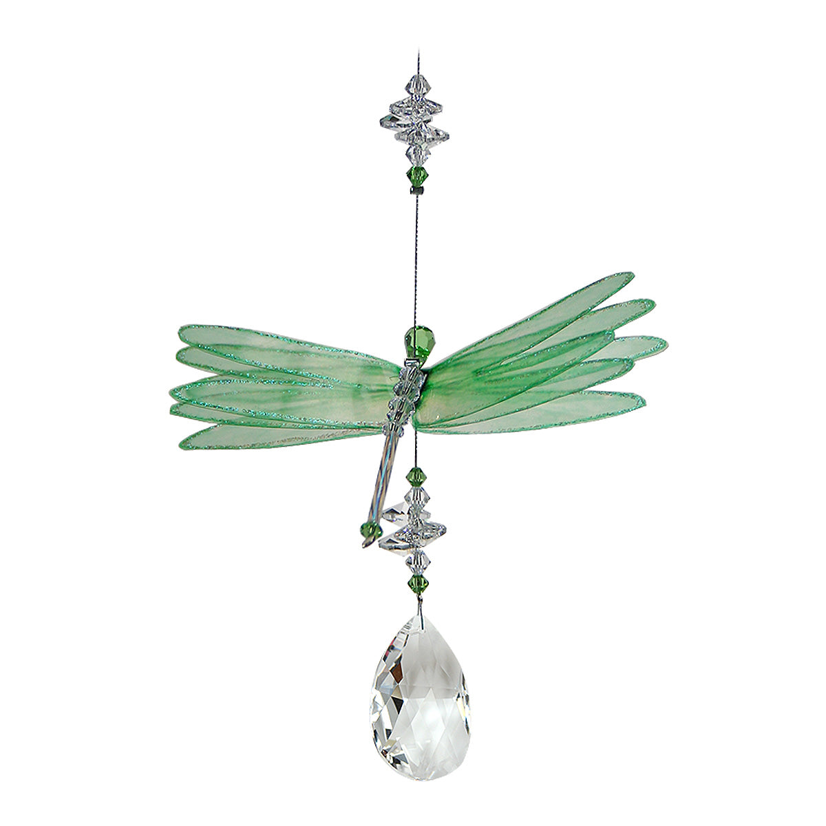 Green dragonfly crystal suncatcher with almond drop
