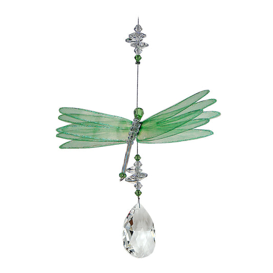 Green dragonfly crystal suncatcher with almond drop