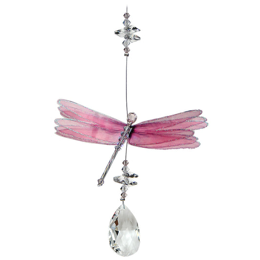 Pink dragonfly crystal suncatcher with almond drop