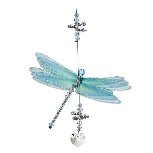 Blue dragonfly crystal suncatcher with heart drop