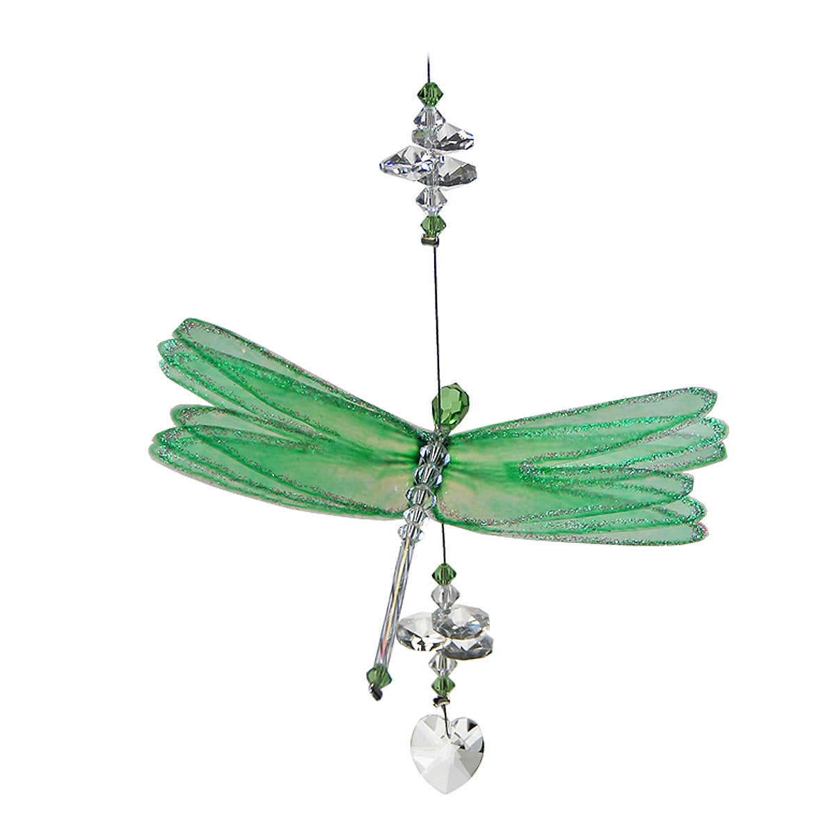 Green dragonfly crystal suncatcher with heart drop