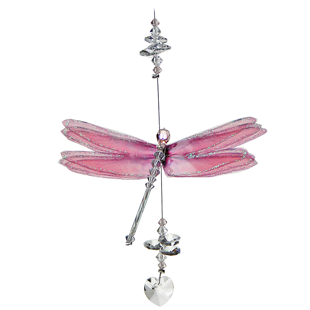 Pink dragonfly crystal suncatcher with heart drop