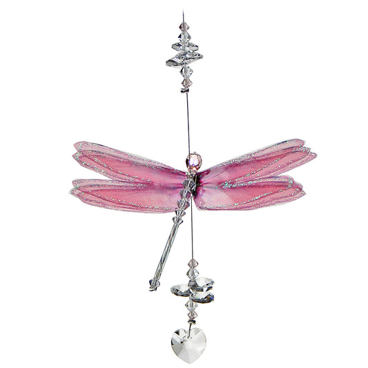 Pink dragonfly crystal suncatcher with heart drop