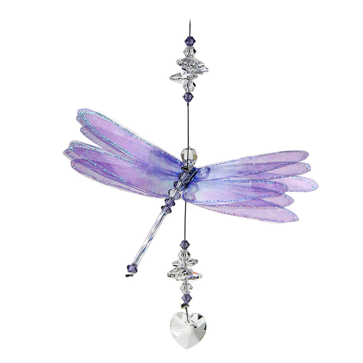 Purple dragonfly crystal suncatcher with heart drop