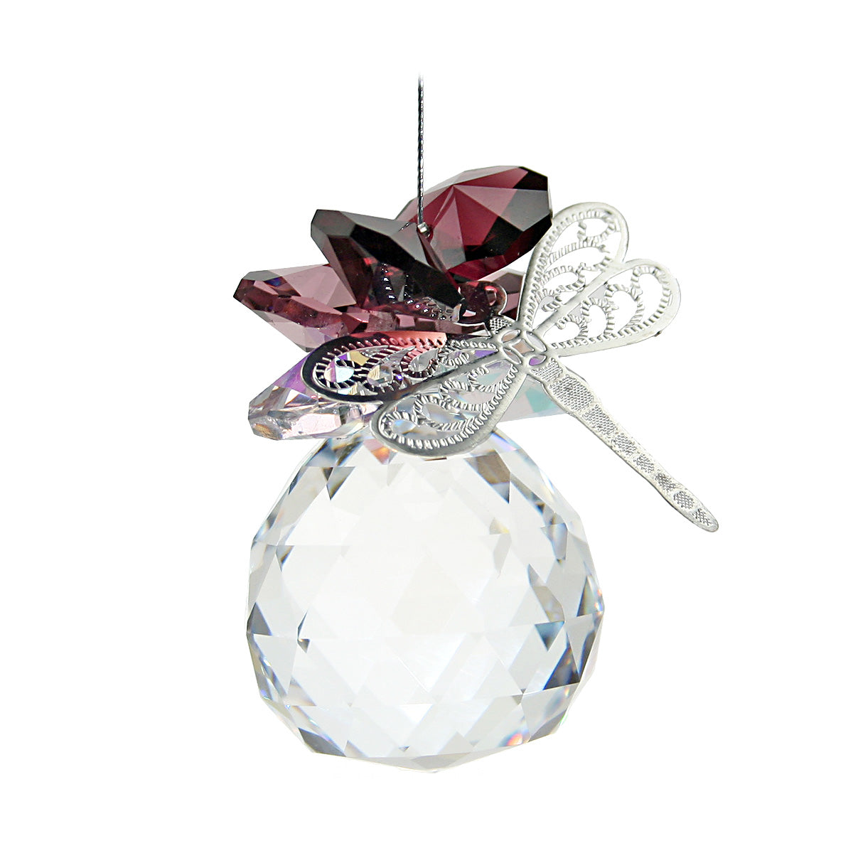 Filigree dragonfly crystal amethyst cluster suncatcher on sphere