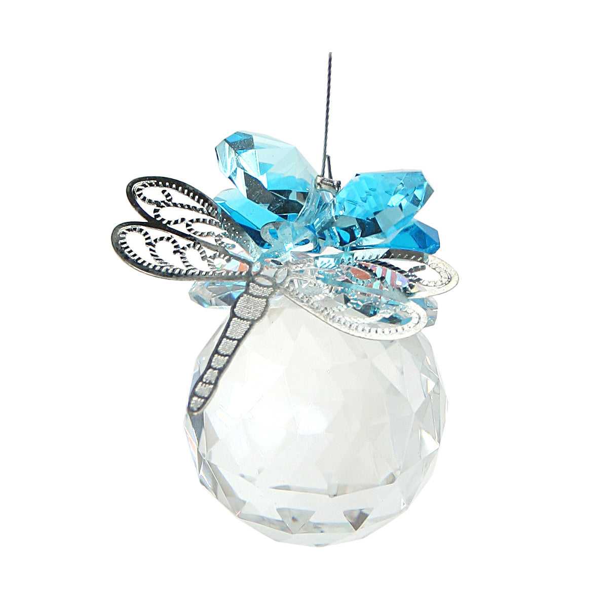 Filigree dragonfly crystal aqua cluster suncatcher on sphere