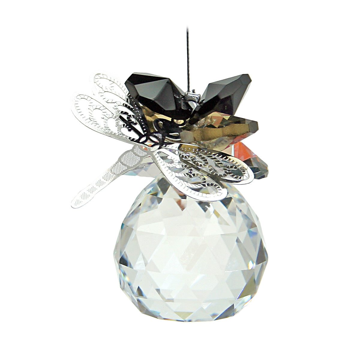 Filigree dragonfly crystal black cluster suncatcher on sphere