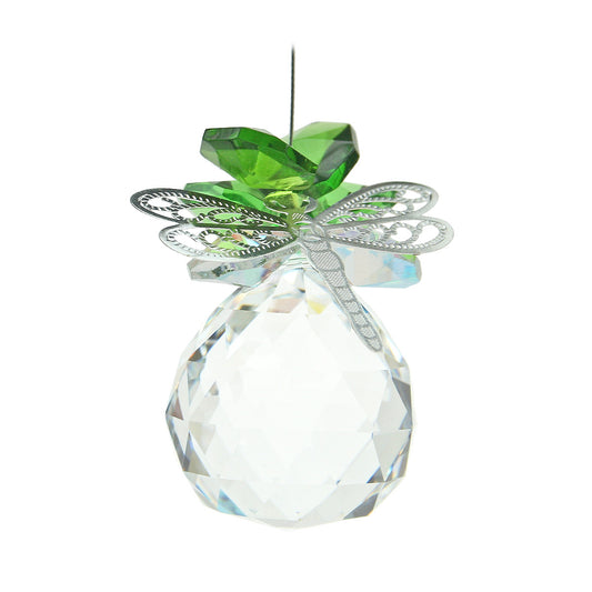 Filigree dragonfly crystal green cluster suncatcher on sphere